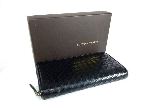 美品★BOTTEGA VENETA★ボッテガヴェネタ★イントレチャート★ラウンドファスナー長財布★ブラック★保存箱付き