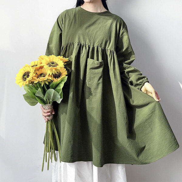 【訳あり・新品・未使用】割烹着 エプロン 長袖 ゆったり おしゃれ コットン ポケット付き グリーン レディース