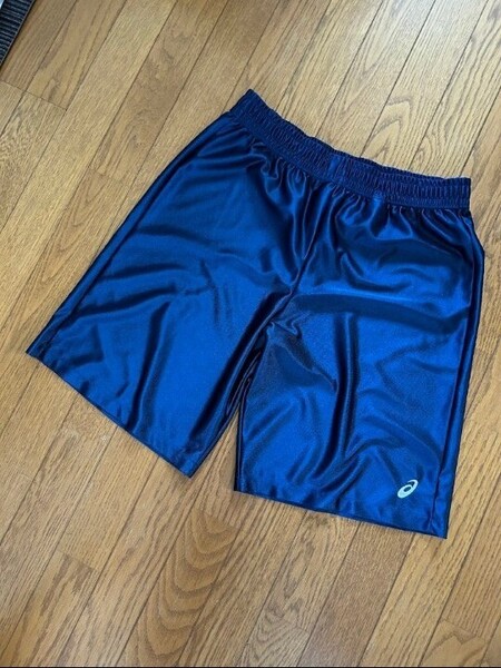 Oサイズasicsバスケットボール パンツ バスパン トレーニング ハーフ ショート ネイビー紺 アシックスショーツ 刺繍ロゴ