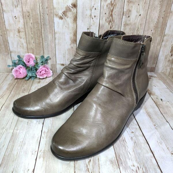 【MEPHISTO】レザーショートブーツ☆24cm☆ウェッジソール☆メフィス☆コンフォート☆レディース靴☆ブラウン☆茶色☆サイドジップ