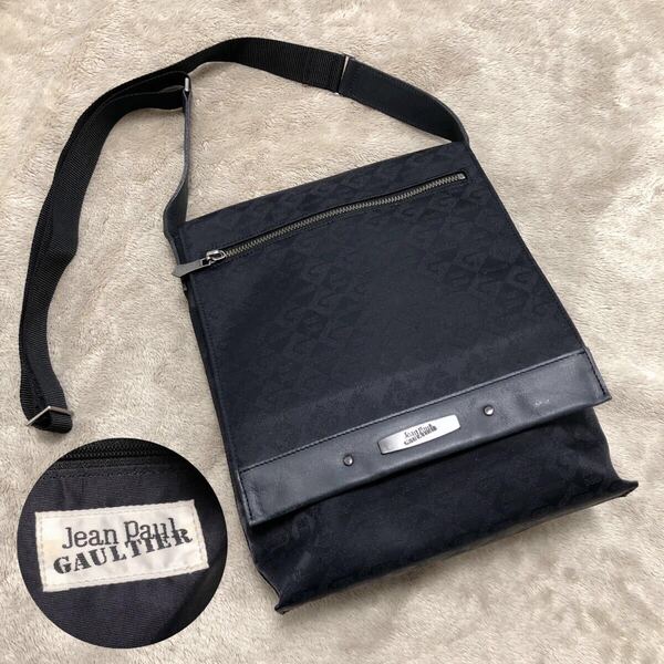 希少★美品 Jean Paul GAULTIER ジャンポールゴルチエ ショルダーバック ジャガード 総柄 黒系 ロゴメタルプレート フラップ アーカイブ