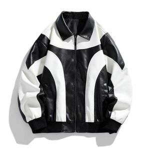 XL レザージャケット ライダース ブルゾン PU革ジャン パーカー 白黒