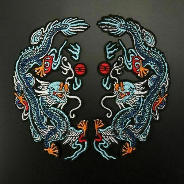 2枚セット ワッペン 青竜 民族風 アイロンワッペン 神風 龍 刺繍