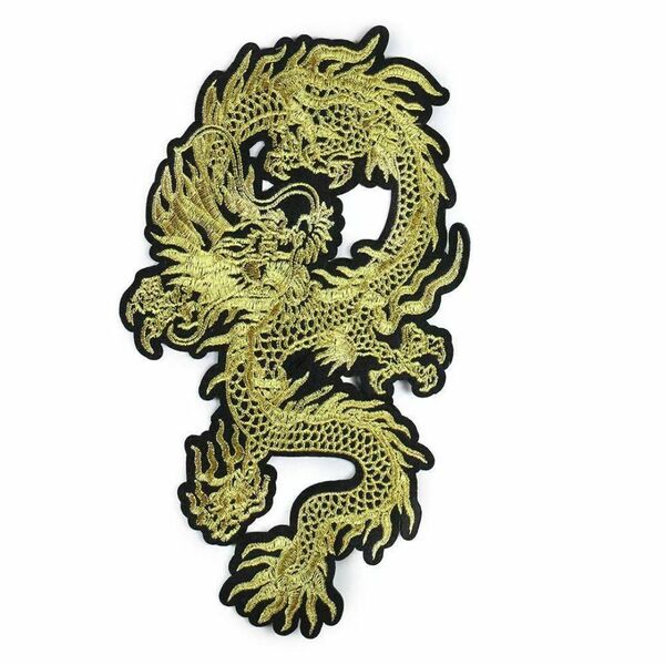 ワッペン アイロン 本格刺繍「金糸」 大きいサイズ 龍 竜 右向き