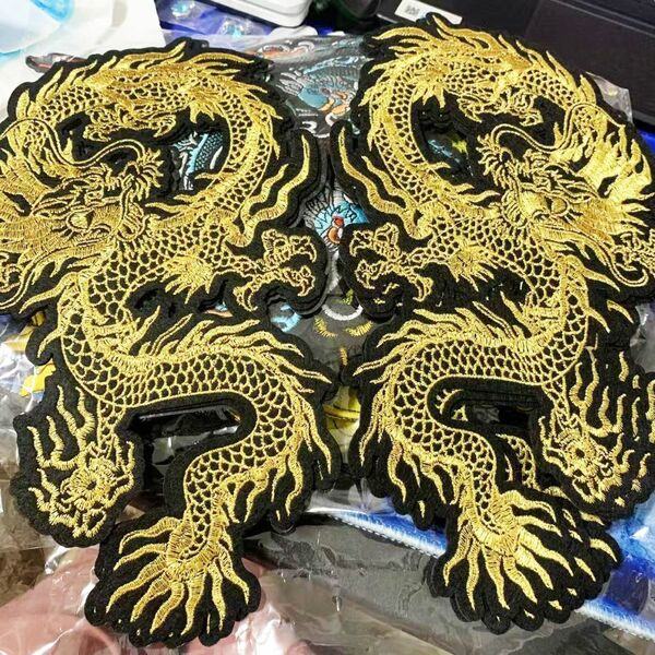 2点セット ワッペン アイロン 本格刺繍「金糸」 大きいサイズ 龍 竜