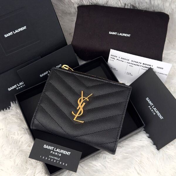 ☆極上美品☆サンローラン Saint Laurent 財布 カサンドラ Vステッチ ゴールド金具 コンパクトウォレット レザー