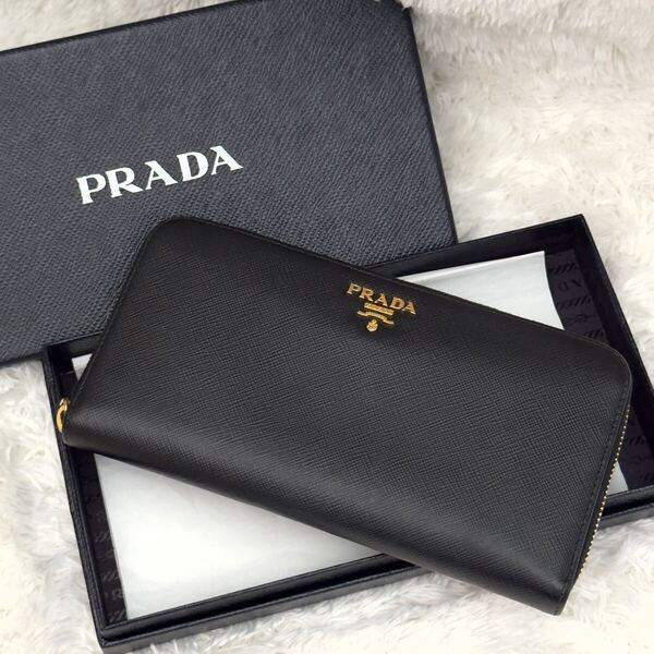 ☆美品☆PRADA プラダ ジップアラウンド サフィアーノ 財布 レザー ラウンドファスナー ゴールド金具 ブラック NERO