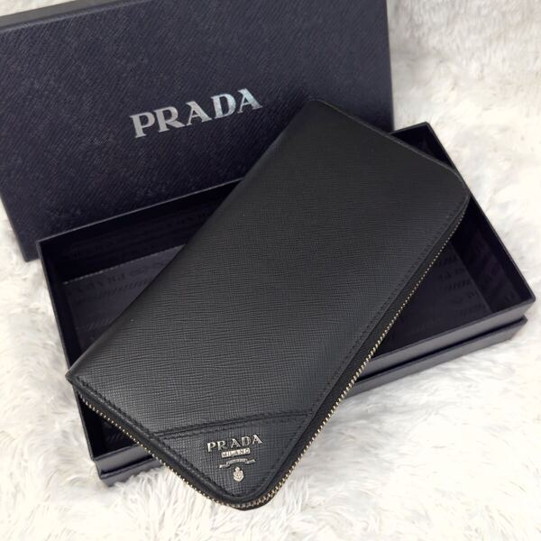 ☆RFID内蔵☆PRADAプラダ サフィアーノ 財布 ラウンドファスナー ブラック ジップアラウンド レザー ブラック