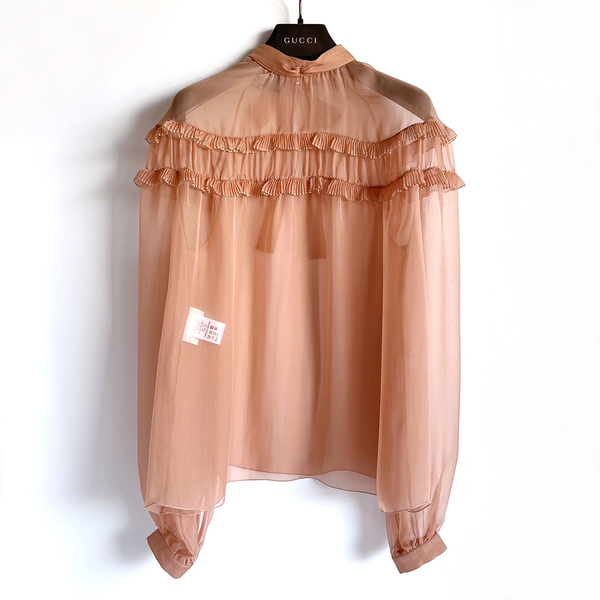 ROCHAS PARIS ロシャス*シルクシフォンリボンブラウス テラコッタピンク プリーツフリル 美品 新品同様 Drawerお好きな方にも