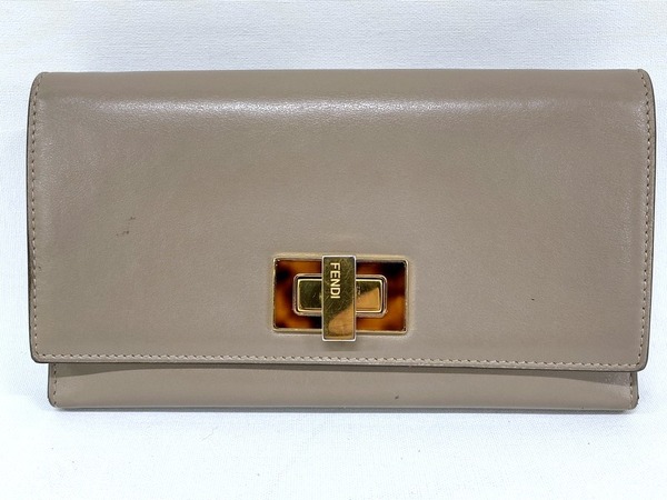 【即決】 FENDI 8M0308 ピーカブ 長財布 レザー グレージュ べっ甲柄 ウォレット 2つ折り グレー ベージュ フェンディ