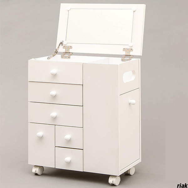 【フラップ扉を開けるとテーブルとしても使用可能】コスメドレッサーワゴン 大型ミラー付き 幅45cm キャスター付き ブラウン