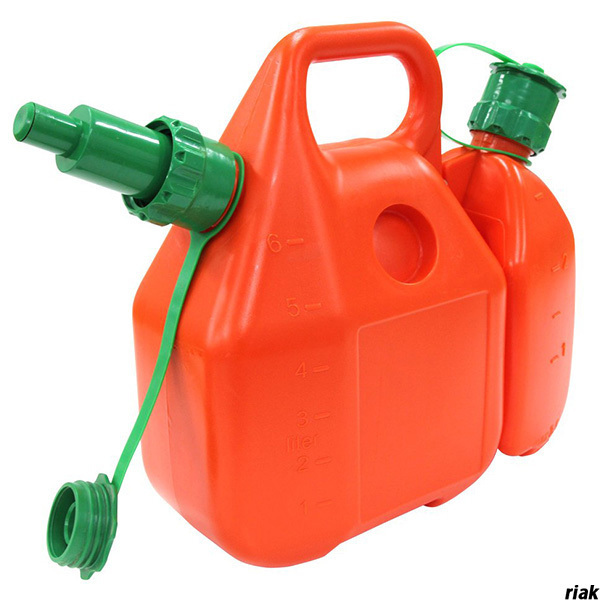 【混合燃料を簡単作成できる、6L+2.5L計量タンク】 混合燃料タンク 草刈機 チェーンソー DIY ノズル付き ポリエステル製 オレンジ