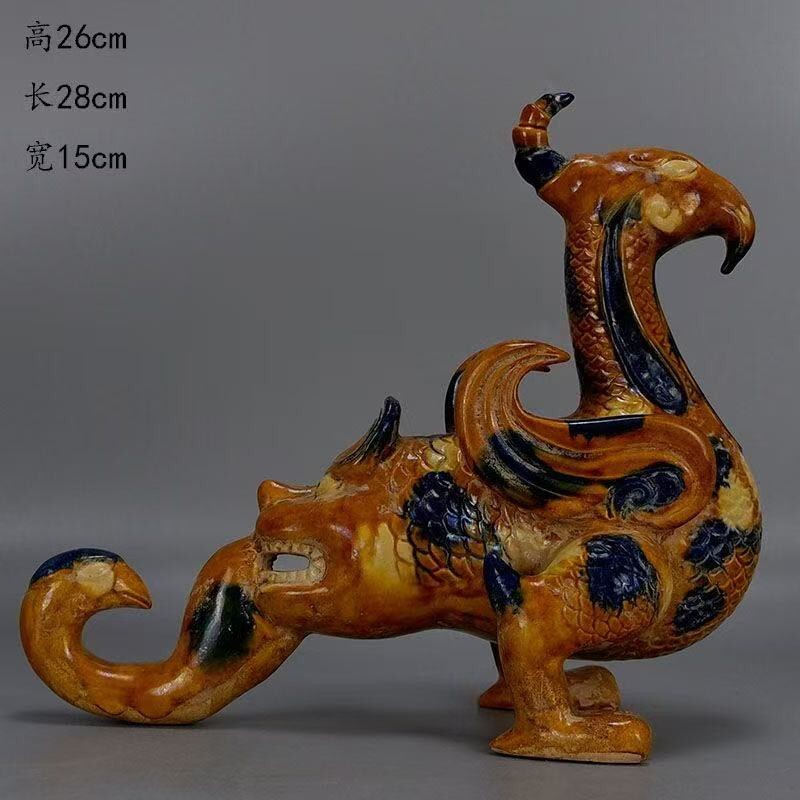 中国美術 唐三彩 双鳳紋 三足 盤 φ31cm 希少(LC247)