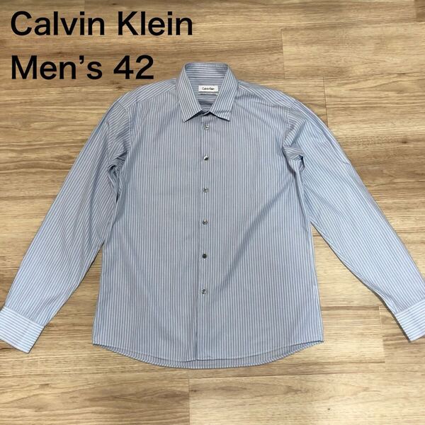 【送料無料】Calvin Klein 長袖シャツ 青系ストライプ柄 メンズ42サイズ カルバンクライン