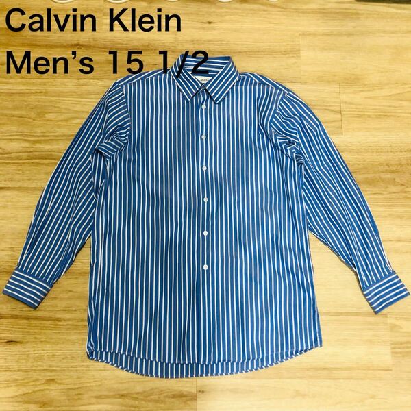 【送料無料】Calvin Klein 長袖シャツ 青白ストライプ柄 メンズ15 1/2サイズ カルバンクライン