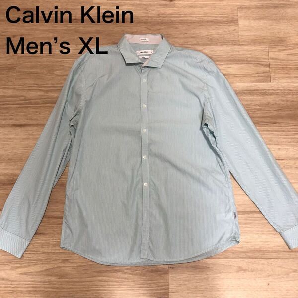 【送料無料】Calvin Klein 長袖シャツ パステルカラー緑系ストライプ柄 メンズXLサイズ カルバンクライン