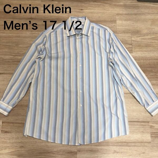 【送料無料】Calvin Klein長袖シャツ 青グレーカーキ系ストライプ柄 メンズ17 1/2サイズ カルバンクライン
