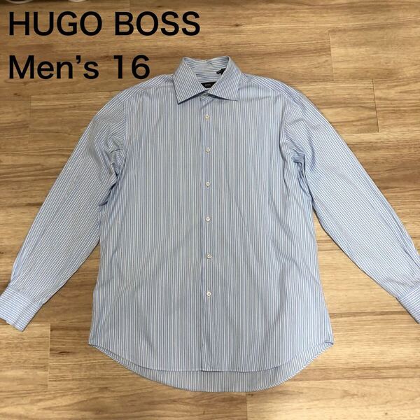【送料無料】HUGO BOSS長袖シャツ 青系ストライプ柄 メンズ16サイズ ヒューゴボス