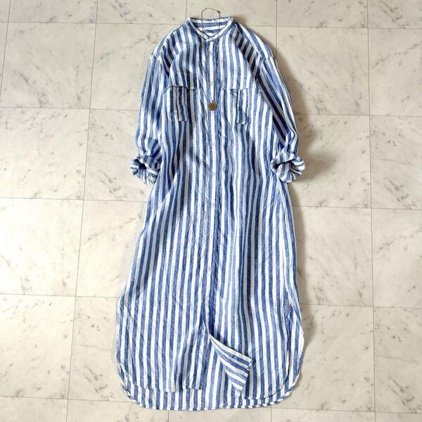 極美品♪マカフィー リネン ストライプロングシャツワンピース 長袖 バンドカラー MACPHEE レディース