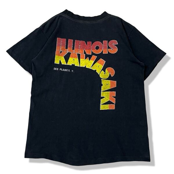 【ヴィンテージ】70s USA製 anvil(アンビル) Illinois Kawasaki バイク モーターサイクルTシャツ ブラック L 半袖 ビンテージTシャツ 古着