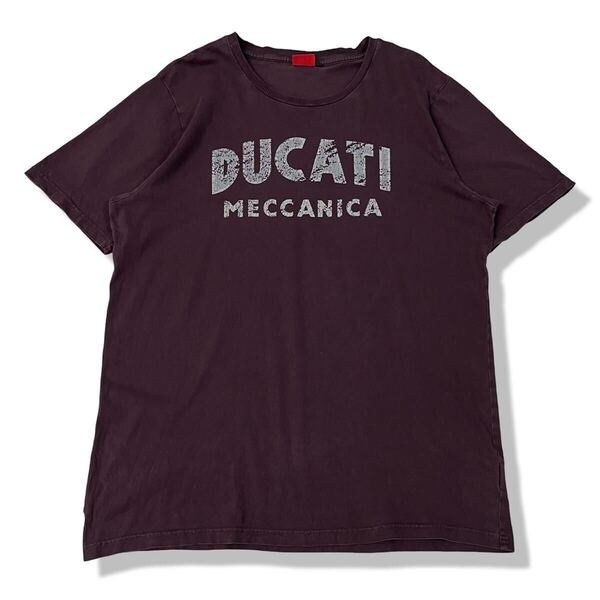 DUCATI(ドゥカティ) MECCANICA オートバイク オフィシャル 半袖 プリントTシャツ 小豆色 XL 公式 イタリア国旗 ロゴTシャツ 古着