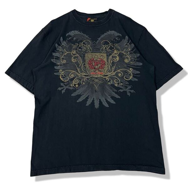 【00s】PHAT FARM(ファットファーム) 紋章 プリントロゴTシャツ ブラック L Y2Kファッション クルーネック 半袖 ビンテージTシャツ 古着