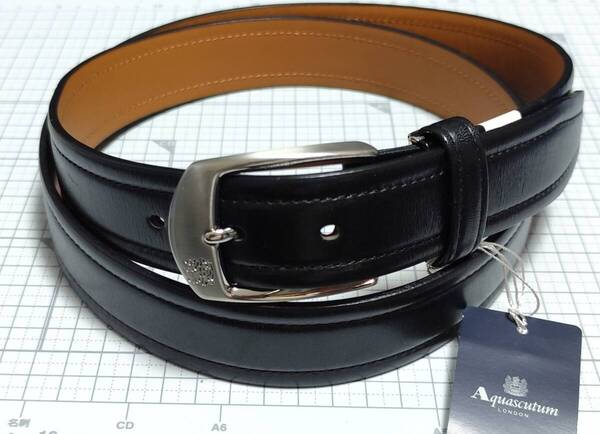 V50 長尺 送料込 aquascutum アクアスキュータム レザーベルト 3.3cm幅 ピンタイプ 日本製 サイズカット調整 ブラック