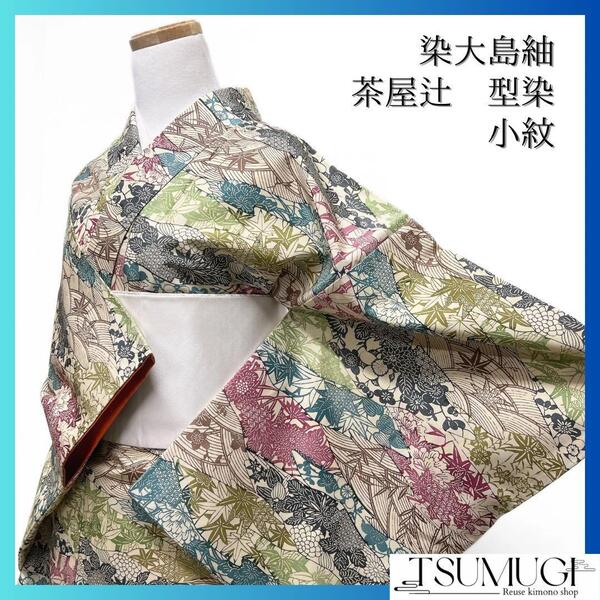 小紋 染大島紬 型染 道長取り 菊 梅 竹 楓 着物 015a d