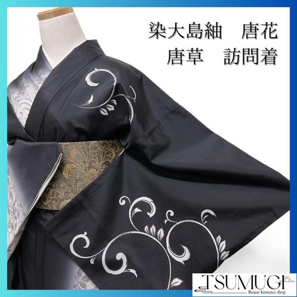 染大島紬 唐花模様 唐草模様 雪輪 訪問着 着物 022a p