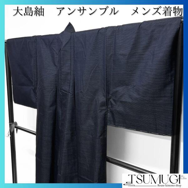 未着用 メンズ着物 大島紬 アンサンブル 亀甲 ネイビー 着物 022a d