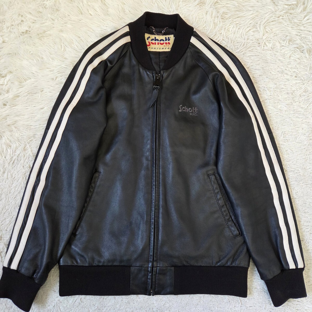 極美品/希少✨schott カバーオール　羊革　刺繍　ロゴ　ブラック　2XL 極美品/希少✨schott カバーオール 羊革 刺繍 ロゴ ブラック 2XL