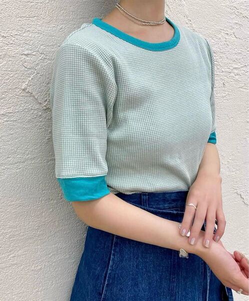 Kastane カスタネ 細リブリンガーボーダーTee 半袖Tシャツ ミント