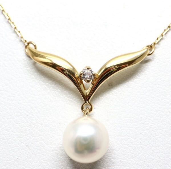 ★極美品★ MIKIMOTO ミキモト《K18天然ダイヤモンド/アコヤ本真珠ネックレス》18金イエローゴールド