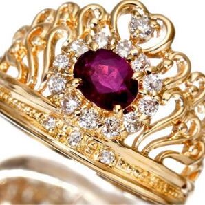 王冠デザイン 18金イエローゴールド 指輪!良質天然ルビー0.35ct&ダイヤモンド0.24ct 高級K18YG