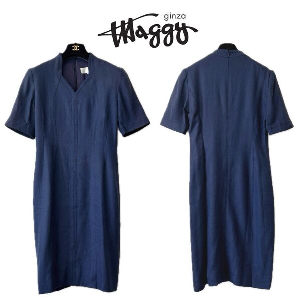 【銀座マギー】ネイビーワンピース 9号【美品】高級 百貨店 ミセス 婦人服 foxey rene エムズグレイシー