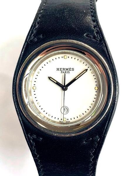 【即決/稼働品】 HERMES エルメス アーネ HA1.710 白文字盤 ホワイト SS 革ベルト ステンレス レザー 黒 ブラック 電池式 クオーツ 時計