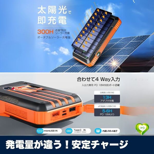 【発電量が違う!安定チャージ】ソーラーモバイルバッテリー ソーラーチャージャー ソーラーパネル モバイルバッテリー 人気 おすすめ