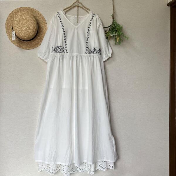 新品★エハカソポ by サマンサモスモス★Vネックサイドクロス刺繍ワンピース