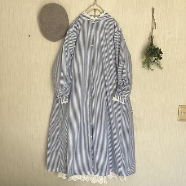 新品★サマンサモスモス★sm2★リンネル掲載綺麗色*バンドカラーストライプシンプルワンピースUVカット付