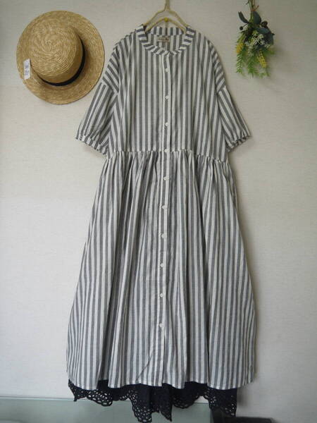 新品★サマンサモスモス★sm2★ストライプ*バンドカラー*ふんわりワンピース