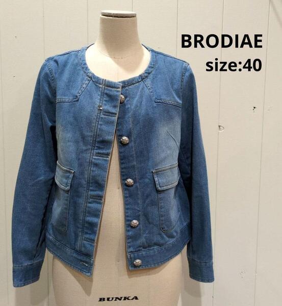 ブローディア BRODIAE ノーカラー デニム ジャケット レディース 40