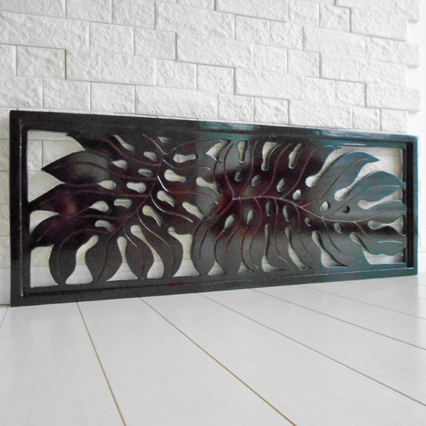 アウトレット品 モンステラ 模様 レリーフ アートパネル 30×80cm MDF製 お祈りかえる付き♪ 壁掛け 彫刻アート 透かし彫り トロピカル