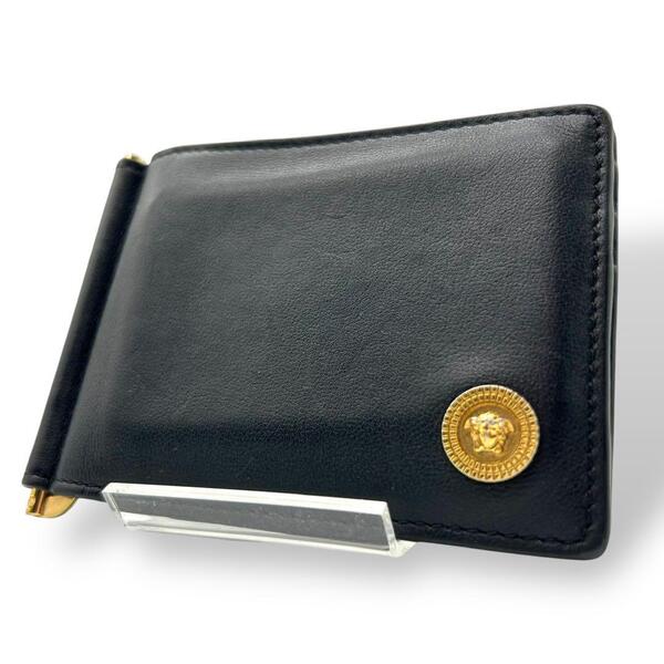 美品 1484 VERSACE ヴェルサーチ マネークリップ 二つ折り 財布 ウォレット レザー メデューサ ビギー ブラック 黒 ゴールド金具 メンズ