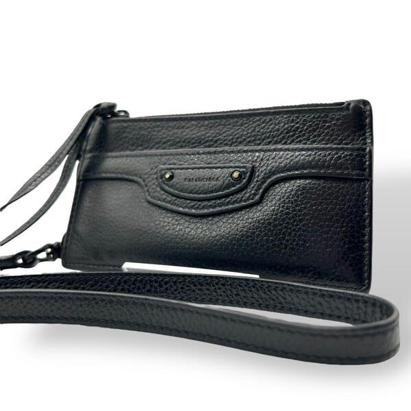 美品 1525 BALENCIAGA バレンシアガ フラグメントケース ショルダーストラップ カードケース カード入れ コインケース 小銭入れ レザー 黒