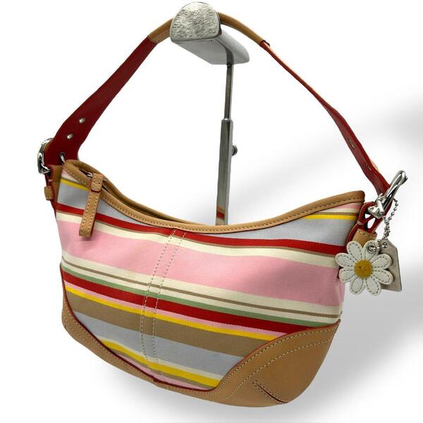 良品 1721 COACH コーチ ワンショルダーバッグ ハンドバッグ バック マルチストライプ マルチカラー キャンバス レザー アクセサリーポーチ