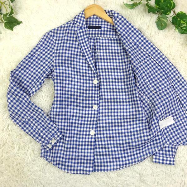 美品 LARDINI ラルディーニ リネン 麻 100% アンコンジャケット シャツジャケット S相当 ブルー ギンガムチェック イタリア製