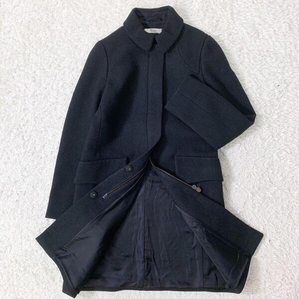 【美品】PRADAプラダ ウールコート ロングコート チェスターコート ステンカラーコート サイズ42(M相当) ヴァージンウール 黒 レディース