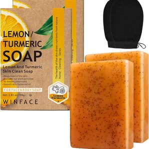 2個セット レモン石鹸、ウコン石鹸、複数の植物エキスを添加して肌をケア、ボディ用、入浴、ハンドソープ108g、専用手袋付き、