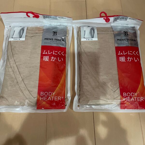送料無料 新品 BODY HEATER メンズインナー2枚セット 半袖V首シャツ サイズM ベージュ 送料込み