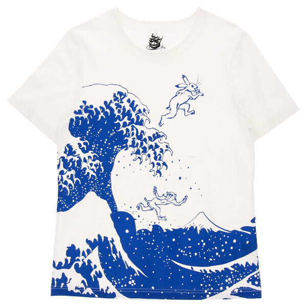 kurofuneTシャツ兎猿と波飛沫 白 Lサイズ 和柄Tシャツ 京都くろちく 日本伝統柄 レトロポップ柄 カジュアル 夏 さる うさぎ 波富士